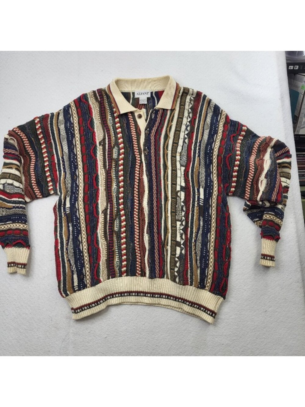 Vintage 90s ALFANI 3D Knit Grandpa Sweater Hipster Funky Jacquard retro SZ L